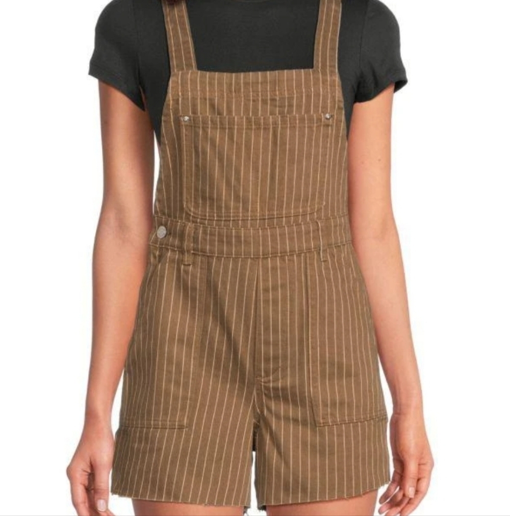 NWT WeWoreWhat Pinstripe Pocket Front Shortall Overalls In Brown - S